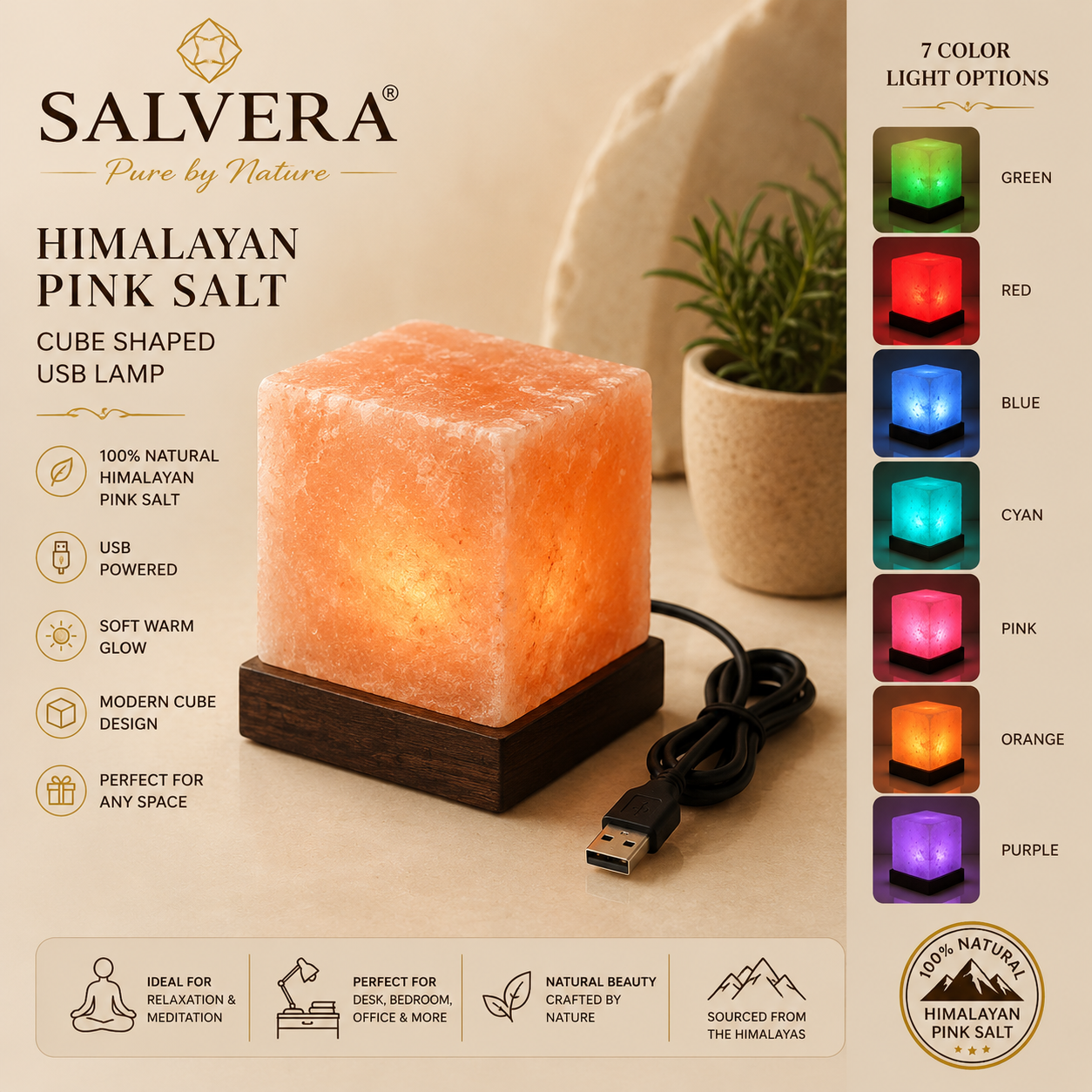 Himalayan Pink Salt Cube Shaped USB Lamp